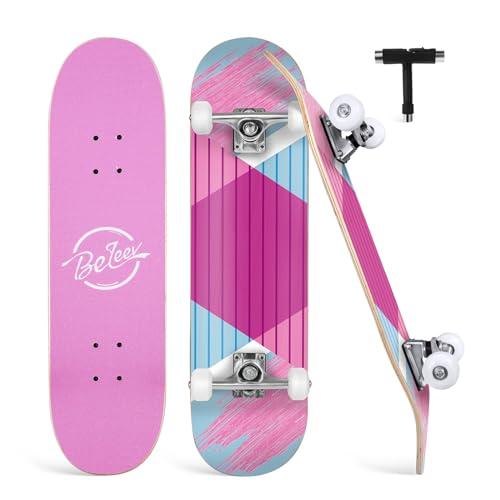 BELEEV Skateboard 31x8 per Principianti, Bambini, Adolescenti e Adulti, Completo Pro Cruiser Skateboard per Ragazza Ragazzo, Acero Canadese a 7 Strati, Doppio Vassoio Concavo, con Strumento a T