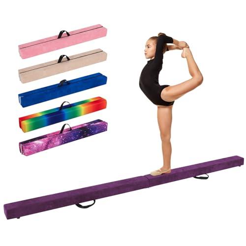 COSTWAY Trave Ginnastica Artistica per Casa 210/240/270 cm, Trave Pieghevole per Bambini con Maniglia, Base in Legno e Fondo Antiscivolo, Trave di Equilibrio da Pavimento (270 cm,Viola)