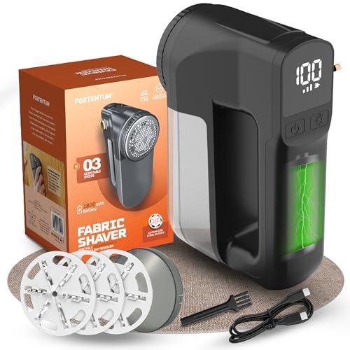 PORTENTUM Levapelucchi Elettrico con Luce LED – Display Digitale, 3 Velocità fino a 9.000 RPM, Lama a 6 Foglie, Grande Serbatoio, Togli Pelucchi per Abiti e Casa Ricaricabile USB C, Potenza Reale 15W