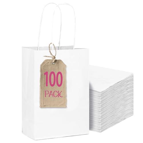 Gcardist 100 mini sacchetti regalo bianchi in carta con manici, sacchetti regalo per feste, 12 x 6 x 15 cm