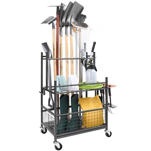 VEVOR Porta Attrezzi da Giardino 16 Slot con Ganci Porta Attrezzi da Garage in Metallo PP con Ruote Organizzazione Stoccaggio Riparo Esterno per Attrezzi, Rastrelli, Scope a Manico Lungo da Officina