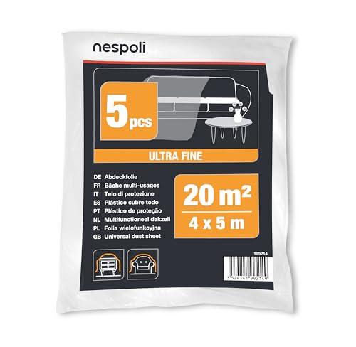 Nespoli – Set 5 Teli Copritutto 4x5m per la Protezione di Mobili e Arredi Interni, Teli per Imbiancare Ampi e Resistenti da 20 m² - Telo Copritutto in Plastica Ultra Fine, Flessibile e Antistrappo