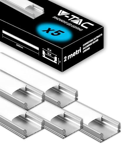 V-TAC 5x Profili per Strisce Led da 2 METRI Rettangolari in Alluminio - (10 Metri Totali) - Profili per Strisce LED Copertura Opaca - Ingombro max Striscia Led 12,4 mm - Dimensioni 17,4 x 7 mm