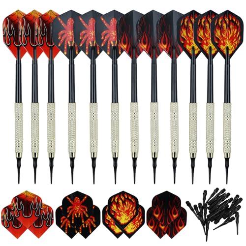 Strehknewen Set di 12 Freccette, Freccette Punta plastica, 24 Alette in 4 Disegni, 100 Punte aggiuntive, Adatte per Bersaglio elettronico, Giochi di società, riunioni