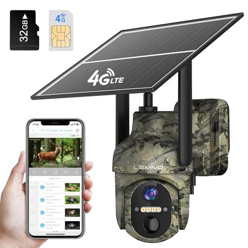 LEMNOI Fotocamera da caccia, 4G Fototrappola Solare con Scheda SIM Preinstallato e SD, Telecamera Solare 2K PTZ Esterna con Pannello Solare, Visione Notturna a Colori, Rilevamento PIR, Impermeabile