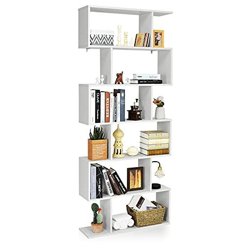 COSTWAY Libreria in Legno Scaffale Multifunzionale a 6 Ripiani per Piante e Libri per Ufficio Casa Ripiano a Forma di S, 80 x 23 x 192 cm (Bianco)