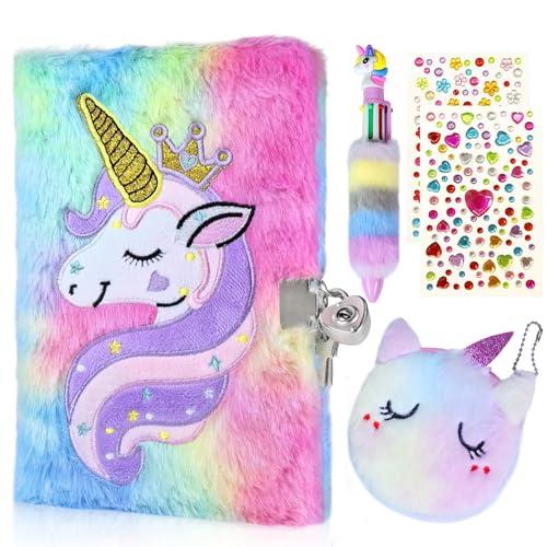 GROFIS Set di 4 Unicorno Diario Segreto Bambina, Diario in Peluche con Lucchetto, 160pag Reversibile Taccuino A5 a Righe, Quaderno con Unicorno Portamonete, Penna, Adesivi, Regalo per Ragazze Bambini