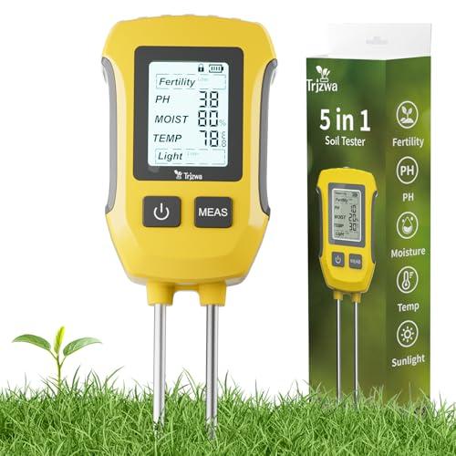 TRJZWA 5 in 1 Misuratore di PH del Terreno, Igrometro per Piante per Fertilità/PH/umidità/Temperatura/Intensità della Luce Solare con Display LCD Retroilluminato per Giardini, Prati e Fattorie