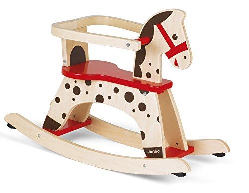 Janod - Cavallo a Dondolo in Legno Caramello - Giocattolo Primo Anno - Apprendimento Equilibrio - A Partire dall'anno, J05984, Marrone e Rosso
