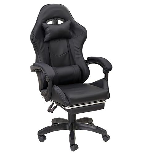 Baroni Home Sedia Gaming con Schienale Ergonomico Inclinabile e Altezza Regolabile, Sedia Ufficio con Supporto Lombare, Poggiatesta Imbottito e Poggiapiedi Estraibile, Nero, 58x66x114-124 cm