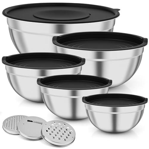 Gaethra Ciotole Acciaio Inox Cucina, Set 5 Pezzi Insalatiera Acciaio Inox con 3 Grattugie, Lavabile in Lavastoviglie, Insalatiera Con Coperchio, per Preparazione Alimenti (4,5L/2,7L/1,5L/1,2L/0,7L)