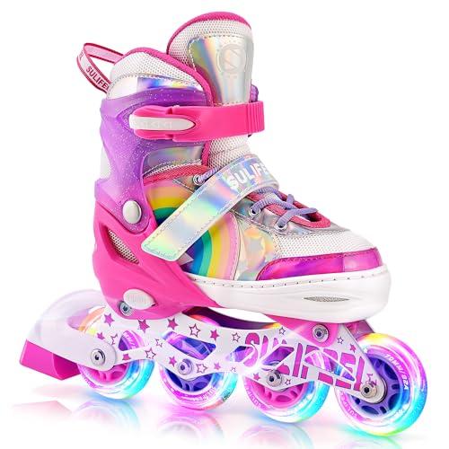 SULIFEEL Rainbow Unicorn Pattini a rotelle regolabili Nero per Bambini con Ruote Luminose per Ragazzi