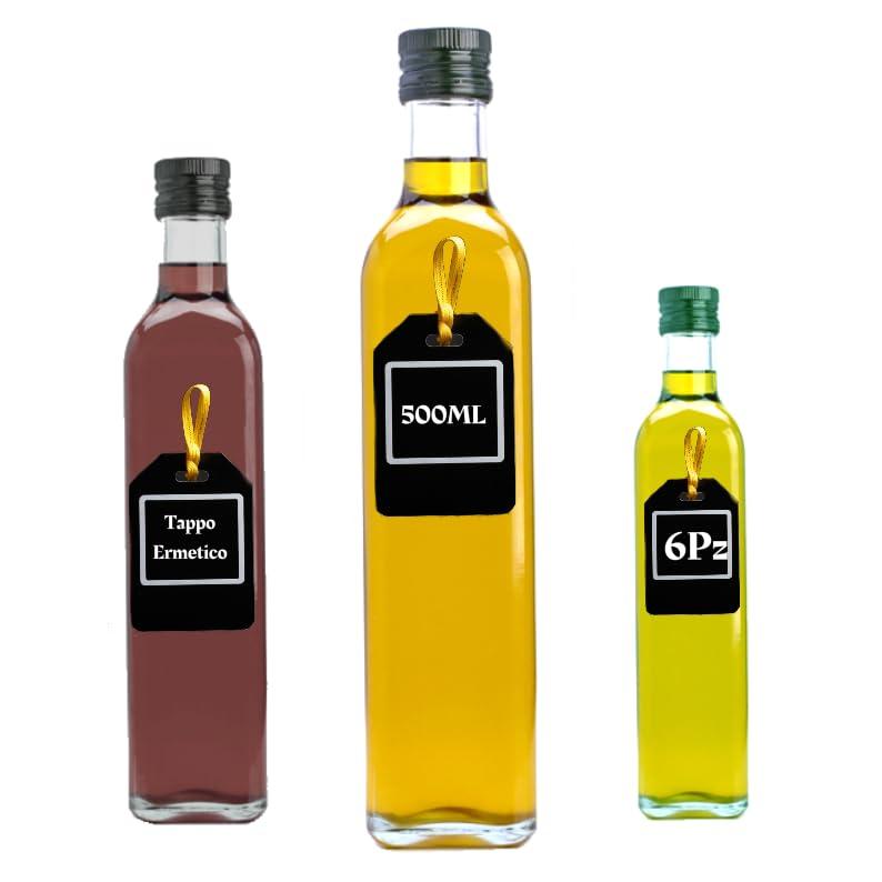 6 Bottiglie Vetro 500ml con Tappo a Vite e salvagoccia - 6 tappi e salvagoccia inclusi - Bottiglie Vetro per Liquore, Olio, Birra & Vino - Bottiglia vetro vuota trasparente marasca 500ml per olio