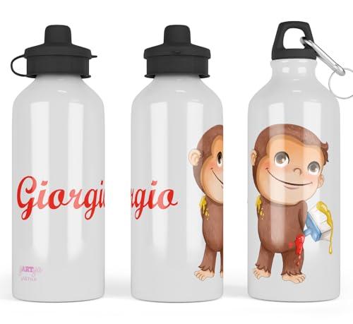 Borraccia George la Scimmia personalizzato con nome Bottiglia alluminio acqua riutilizzabile ecologica scuola e asilo bambini scimpanzé curioso
