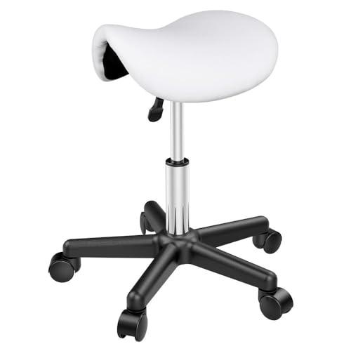 Yaheetech Sgabello a Sella con Ruote Regolabile in Altezza Sedia Estetista Trucco Girevole Ergonomico per Massaggio Salone Parrucchiere Bianco