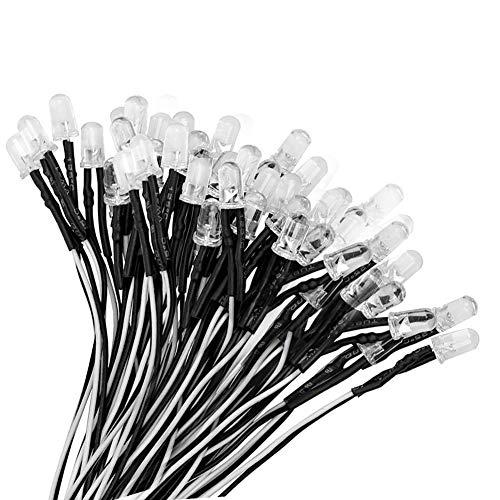 YIXISI 50 Pezzi 5mm Diodo ad Emissione Luminosa LED, Precablata 12V 20cm, per Trasformazione e Illuminazione di Circuiti Automobilistici, Modellazione di Prototipi, Bianco Freddo