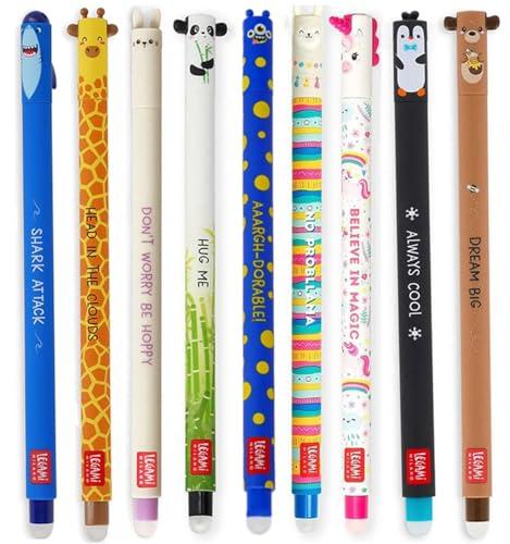 Legami Set di 9 penne gel cancellabili con il nuovo set di penne mostro con squalo, giraffa, coniglio, panda, lama, unicorno, pinguino, orsacchiotto e mostro