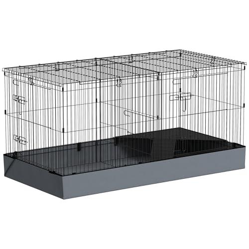 PawHut Gabbia per Animali Piccoli 2 in 1, Recinto per Conigli e Porcellini d'India con Coperchio Rimovibile e Fondo Impermeabile, Gabbiette Separate con Porta Centrale e Rampa, 121x61x61 cm, Nero