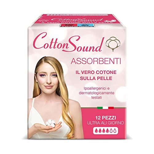 COTTON SOUND ULTRA ALI GIORNO Assorbenti con Cotone 12 Pezzi, 100% Cotone Idrofilo, Ipoallergenici, Dermatologicamente Testati, Super Assorbenti, Tecnologia Multistrato, Made in Italy