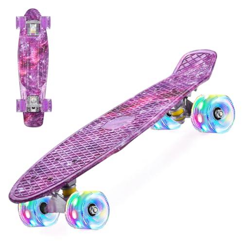 ERNAN Skateboard 22in Mini Cruiser Skateboard Completo retrò per bambini, ragazzi, adolescenti, adulti, principianti, ruote luminose a LED,carico massimo 99,8 kg (Deep purple)