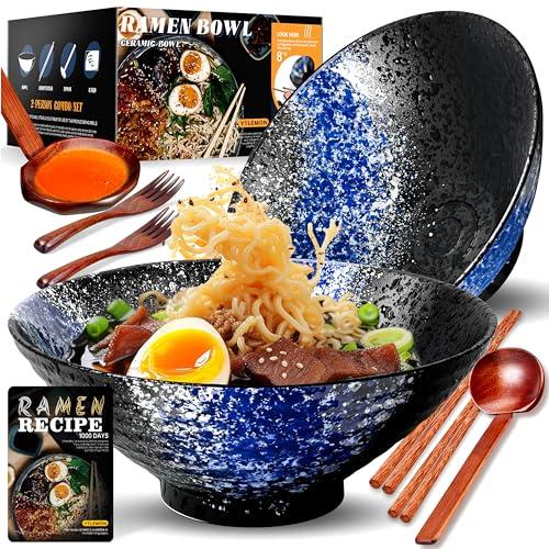 8 Pollici 2 Set Ciotola Ramen In Ceramica(9 pezzi), Ciotola Di Pasta Giapponesi Con Ricette Forchetta Bacchette E Cucchiaio Per Spaghetti Zuppa Di Insalata Snack Bowl Regali Per Uomini Donne Di Casa