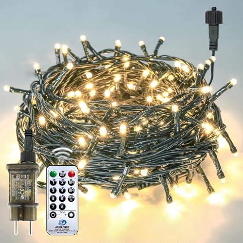 Auting Catena luminosa per esterni, luce bianca calda, 100 LED, 13 m, cavo verde, catena di luci per albero di Natale, corrente con telecomando e timer, 8 modalità, impermeabile, per giardino,