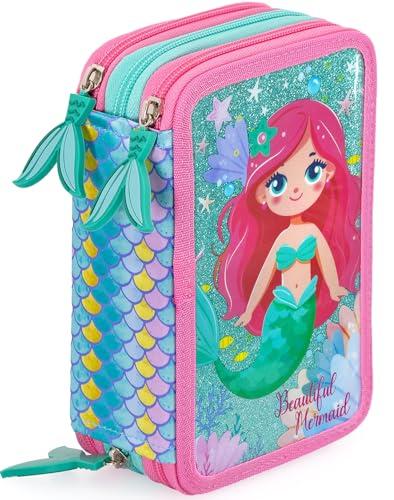 Julian Ross Astuccio 3 Scomparti – 45 Pezzi, 2 Penne Cancellabili, Pastelli 4.0, Forbici, Colla, Pennarelli – Scuola Elementare e Regalo Bambina - Sirena