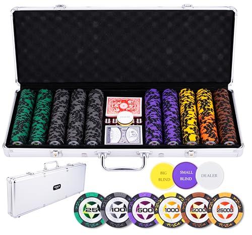 Engelhart - 320921 - Set di Poker - Valigetta in Metallo Argentato con 500 Gettoni (14 g) Alta (25-25000), 2 Set di Carte, 3 Bottoni da Croupier, 5 Dadi