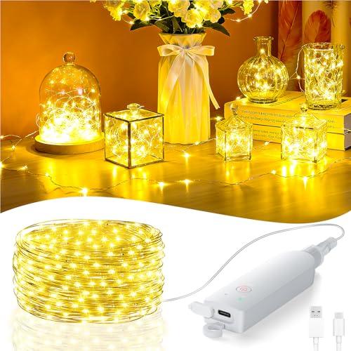 Luci LED a Batteria Ricaricabile, 5M 50 LEDs Luci Stringa, 8 Modalità Catena Luminosa Timer, Impermeabile Luci Natale Interni Esterni, Lucine LED Decorative Batteria per Natale Albero Camera Festa