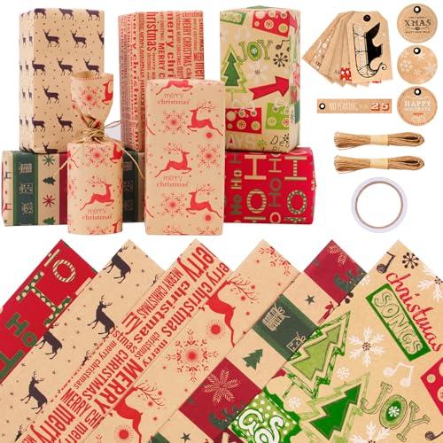 Zindoo Carta da Regalo Natalizia Set 6 Fogli 50x70cm e 20M Corda di Carta,12 Etichette,Colorata e Resistente Riciclata Carta Regalo Natale Vintage per Bambina Bambino Donna Uomo