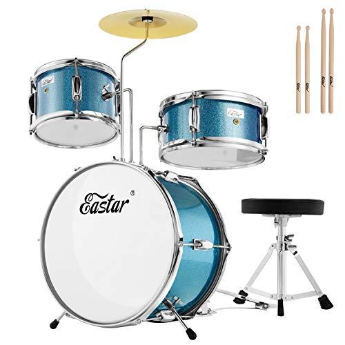 Eastar Batteria per Bambini per età 3-10 Anni, Junior Drum Set con Rullante, Tom, Grancassa, Pedale Grancassa, Sedile e Bacchette(Azzurro)