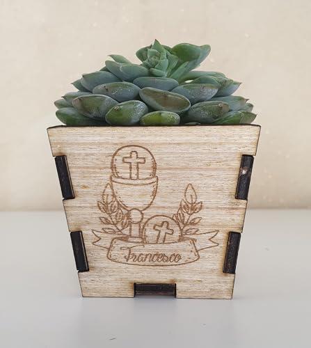 3 PEZZI Vasetto personalizzato in legno per piantine grasse per bomboniera o segnaposto battesimo, comunione, matrimonio. Piantina non inclusa