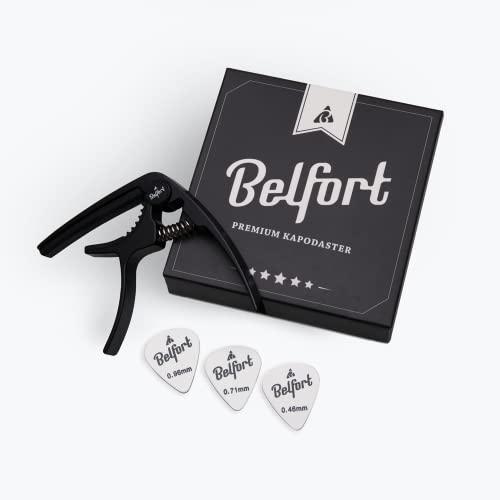 BELFORT® - Capotasto originale QuickPitch per chitarra + 3 plettri + eBook gratuito - Facilissimo da usare - Per chitarra classica, western, acustica, da concerto, elettrica e ukulele