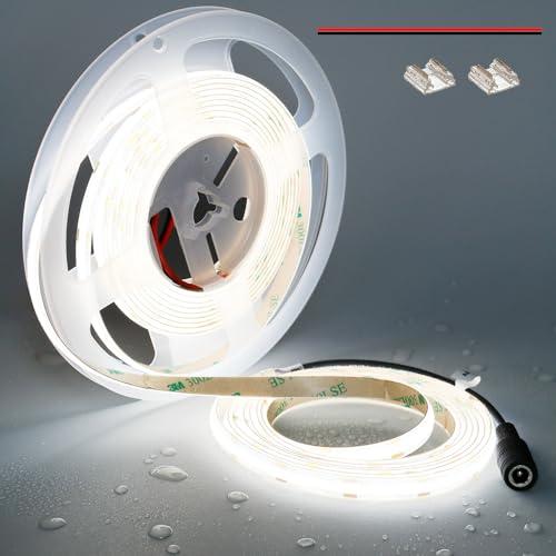 TOPAI 12V COB Striscia LED Bianco Freddo 6000K IP65 Impermeabile CRI 90+ 4000Lm Alta Luminosità 5M 480LED/M Alta Densità Flessibile Tagliabile Luci a LED Per Casa Camera Cucina