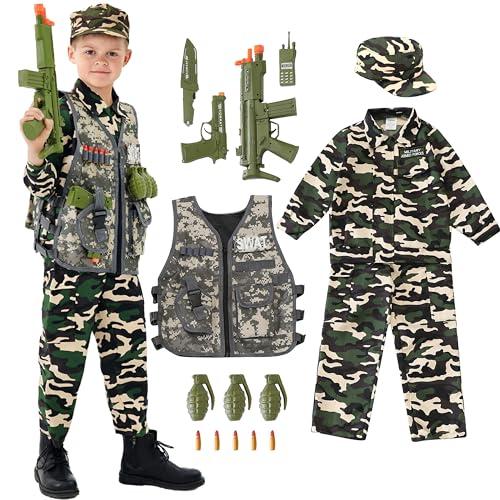 Udekit Costume Cosplay Uniforme dell'esercito Deluxe Abiti da Soldato con Uniforme, Gilet Tattico, Granate, Sciabola, Proiettile, Interfono e Altri Giocattoli per Bambini