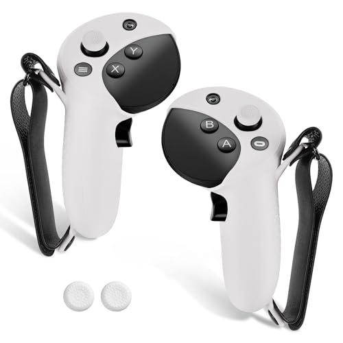 Geekria Copertura per controller in silicone compatibile con Meta Quest Pro, maniglia anti-lancio, accessorio da gioco, nocche regolabili, tappi per pollice (bianco, 1 paio)