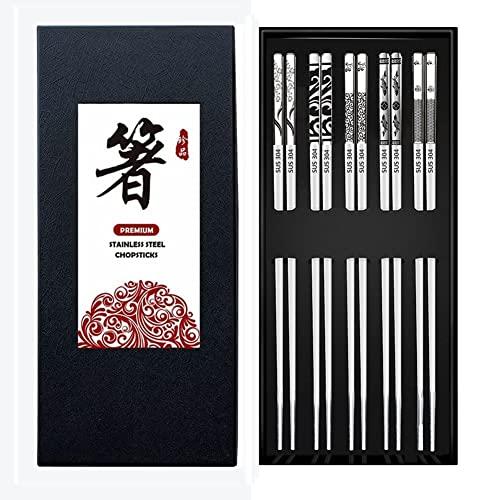 QMAHA Bacchette in Acciaio Inox, 5 Paia di Bacchette Riutilizzabili Lavabili in Lavastoviglie, Bacchette Giapponesi con Incisione Laser, Set di Bacchette Senza Metallo da Regalo per Natale/Compleanno