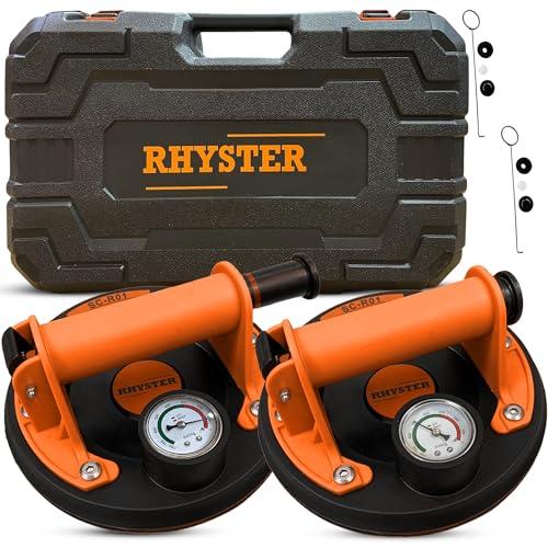 RHYSTER® 2 Ventose per Piastrelle con Manometro e Indicatore di Sicurezza, Diametro 200 mm, Supporto Fino a 320 kg, Ideale per Piastrelle, Vetri, Parabrezza, Mobili, Kit di Ricambio per Valvole