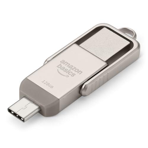 Amazon Basics, Unità Flash USB, Chiavetta con Doppia Porta USB C e USB A, 128 GB, Colore Argento Champagne