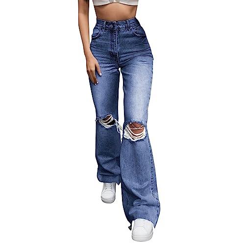 Hanraz Bootcut Jeans da donna skinny di grandi dimensioni, jeans a zampa, leggeri, elasticizzati, a vita alta, boyfriend, blu scuro-C., S