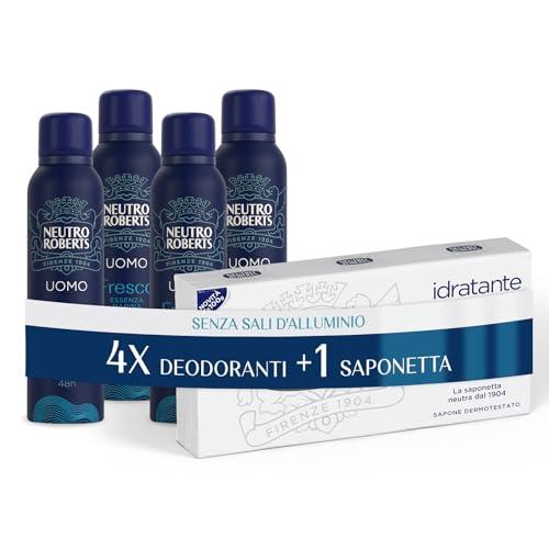 Neutro Roberts Deodorante Spray Uomo Essenza Marina, Con antiodore, Zero Sali di Alluminio, Zero Macchie, Con Puro Olio di Glicerina, Dermatologicamente testato, 48h - 4 Pezzi da 150 ml