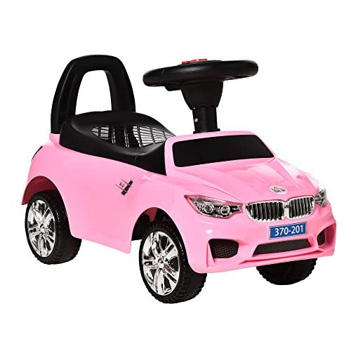 HOMCOM Macchinina per Bambini Cavalcabile con Volante, Fari e Musiche Integrate, Macchina per Bambini in PP e Metallo, 63.5x28x36 cm, Rosa