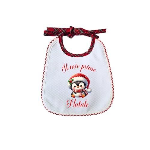 Generico Bavaglino neonato artigianale Primo Natale in cotone 100% con stampa Il mio primo Natale e pinguino, idea regalo natalizia per bambino o bambina, Made in Italy fatto a mano