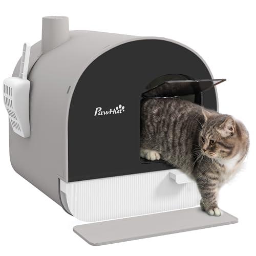 PawHut Lettiera per Gatti Chiusa, Casetta con Vassoio Estraibile, Paletta, Porta e Filtri Antiodore, Toilette per Gatti Antipertita con Tappetino, Grigio e Nero