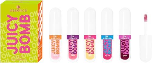 essence JUICY BOMB lip oil set 02 POUT OF PARADISE, set di oli labbra dal profumo tropicale, 5 tonalità fruttate, regalo per labbra lucidi, 5×2,4ml