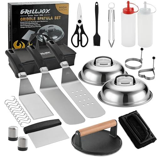 Grilljoy Set Barbecue Professionale in Acciaio Inox, Utensili per Griglia, Spatola per Piastre, Kit Smash Burger con Pressa per Hamburger in Ghisa, 28 Pezzi Accessori BBQ per Uomo