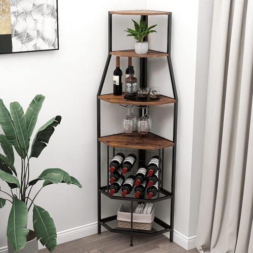 VEDECASA Scaffale angolare per vino da pavimento, a 5 ripiani, con supporto in vetro e deposito vino, per cucina, bar, cantina, sala da pranzo, marrone vintage e nero
