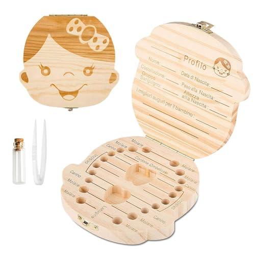 GeekerChip Scatola per Denti da Latte[Ragazza],Realizzata a Mano in Legno Durevole Denti Box Decidui Salva Ricordi di Ragazza[Versione Italiana]