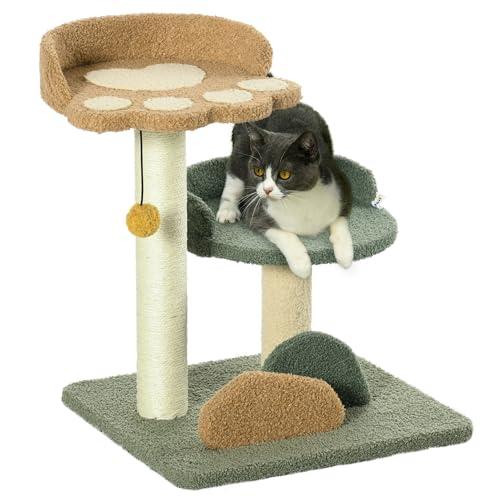 PawHut Albero Tiragraffi per Gatti con 2 Piattaforme Lettini, Pallina Appesa e Rivestimento in Velluto, 43x39x52cm, Multicolore
