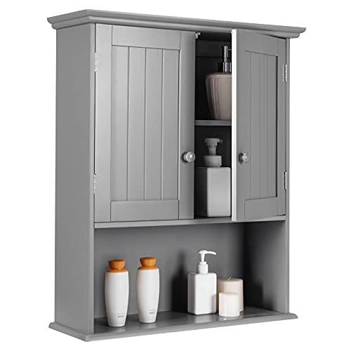 COSTWAY Mobiletto Pensile da Bagno, Mobile Armadietto Bagno sospeso con 2 Porte, Armadietto a Muro delle Medicine, Mensola Regolabile, Capacità di 30 kg (Grigio)